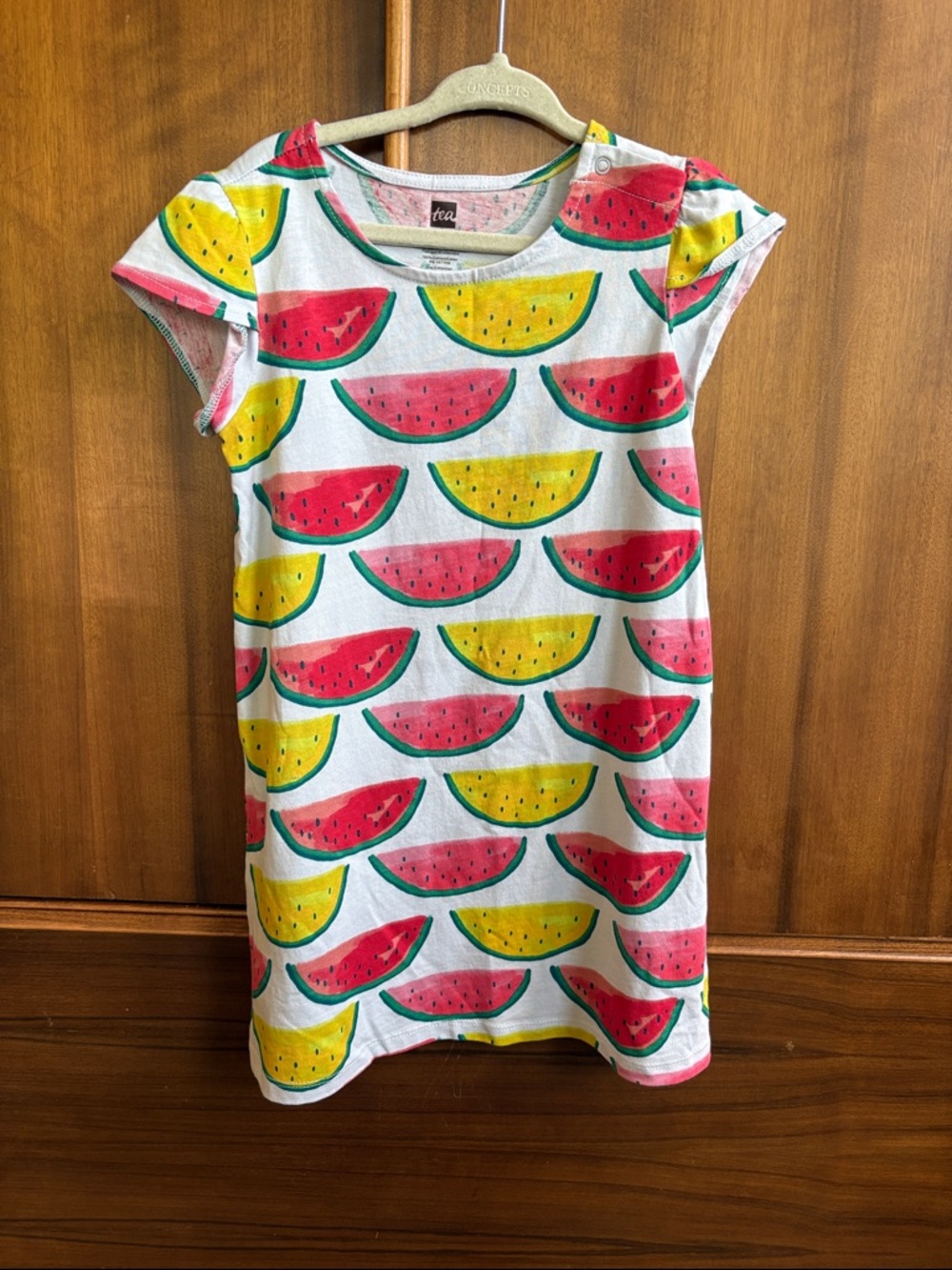 Tea Collection, Watermelon Print Girls Tee Dress -Pink & Yellow on pale blue